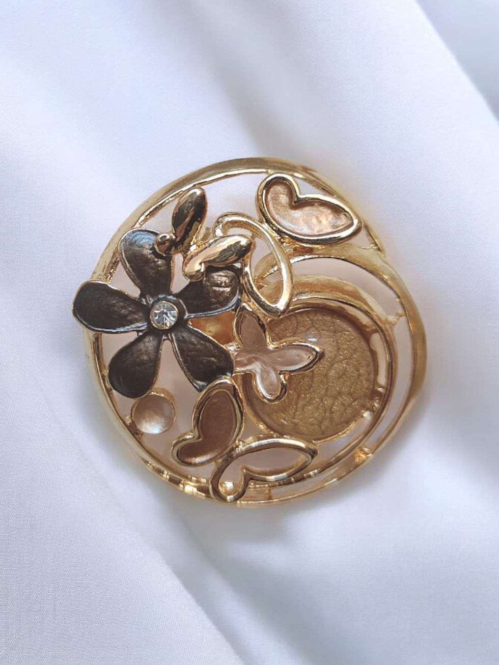 Broche aimantée papillons, fleur et perle marron