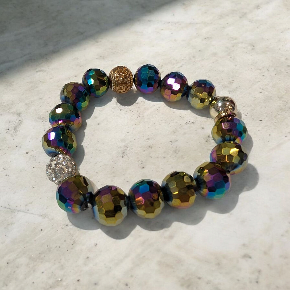 Magnifique bracelet élastiqué arc en ciel Perles à multi facettes et multicolores à reflets pétrole + perles à strass