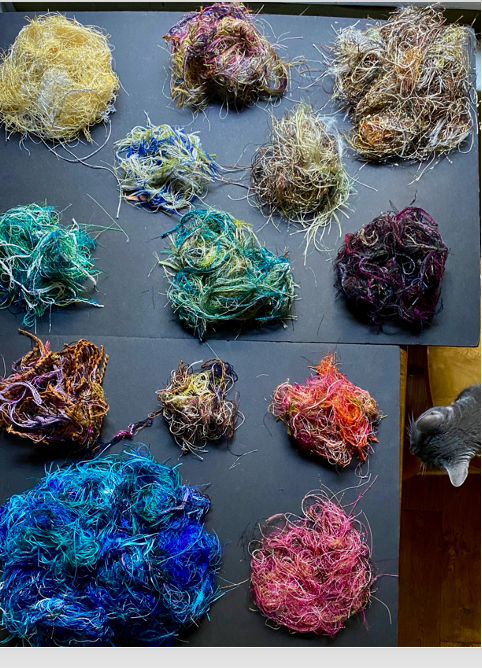 A collection of vibrant, deconstructed threads from this week’s studio session draws curious attention from Wendy the Cat, who finds the colorful assortment particularly intriguing.