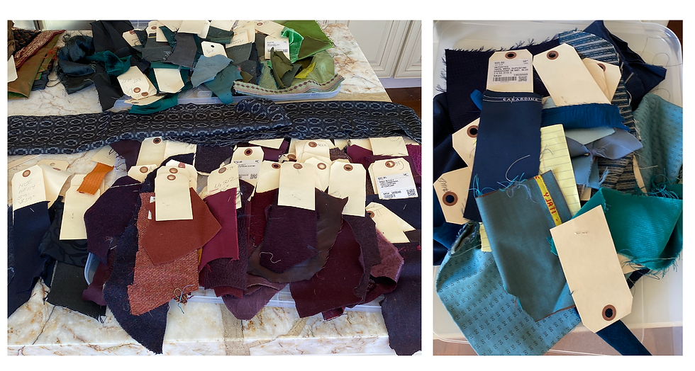 A typical assortment of fabric swatches is arranged by color, with each one labeled with essential sourcing information, showcasing the careful process involved in design projects.