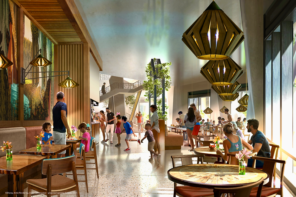 Bay Lake Provisions quick-service marketplace with open kitchen and woodland details