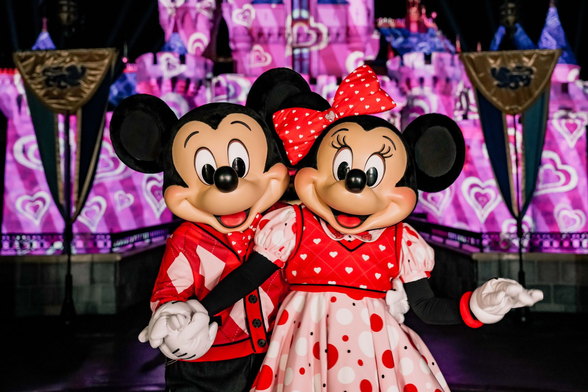 Mickey and Minnie Mouse in Valentine’s Day outfits for Sweethearts’ Nite at Disneyland After Dark 2026.