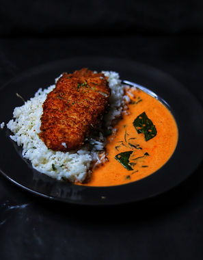 Fried Chicken with Jasmin rice and Thai curry.
