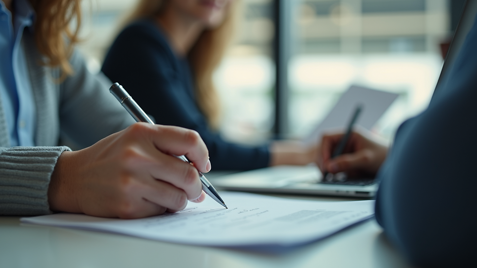 Close-up of a travel agent assisting a client with visa paperwork
