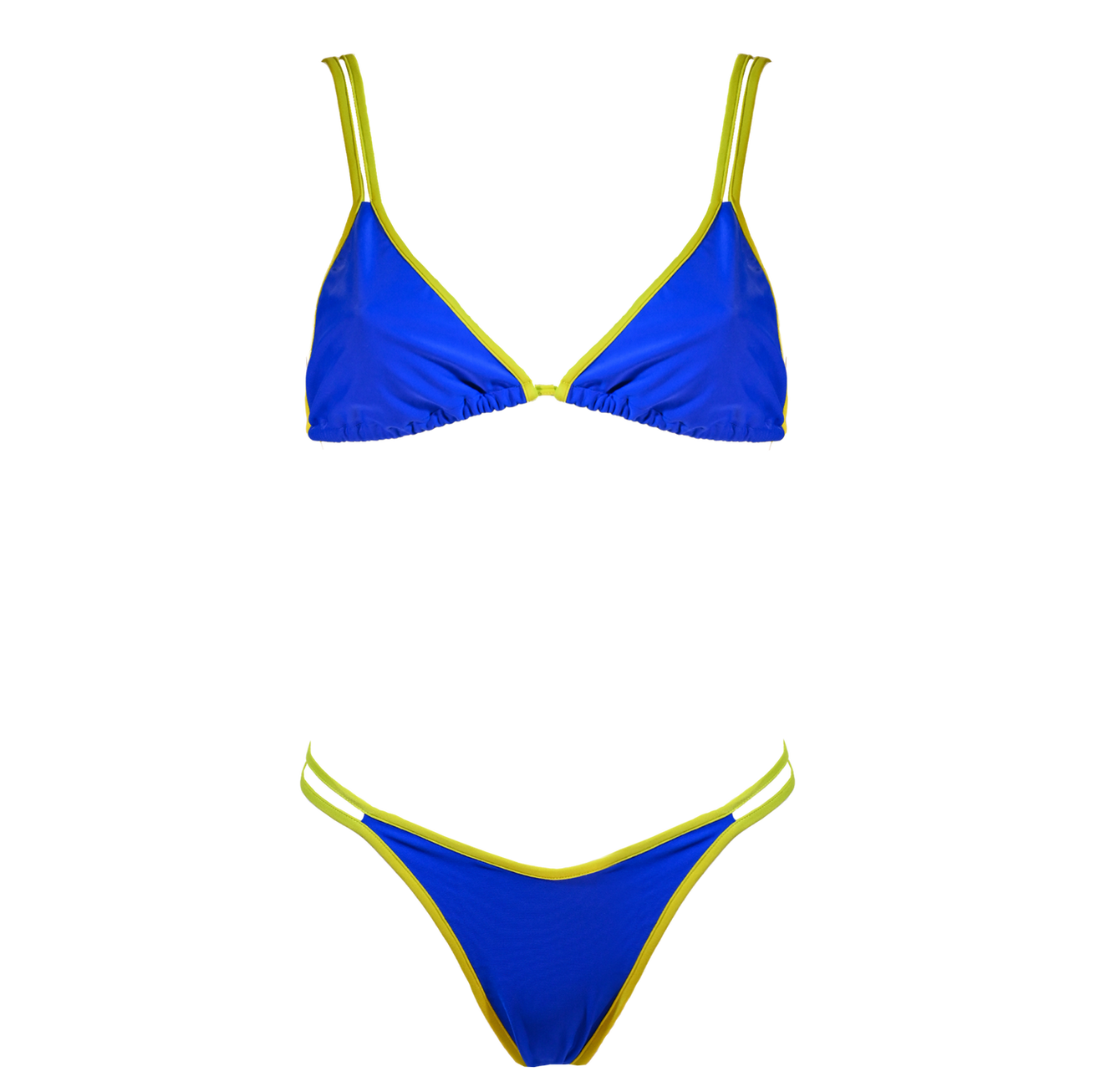 Italian blue bikini with lime straps with double straps both above and below. Single-sided swimsuit made 100% in Italy