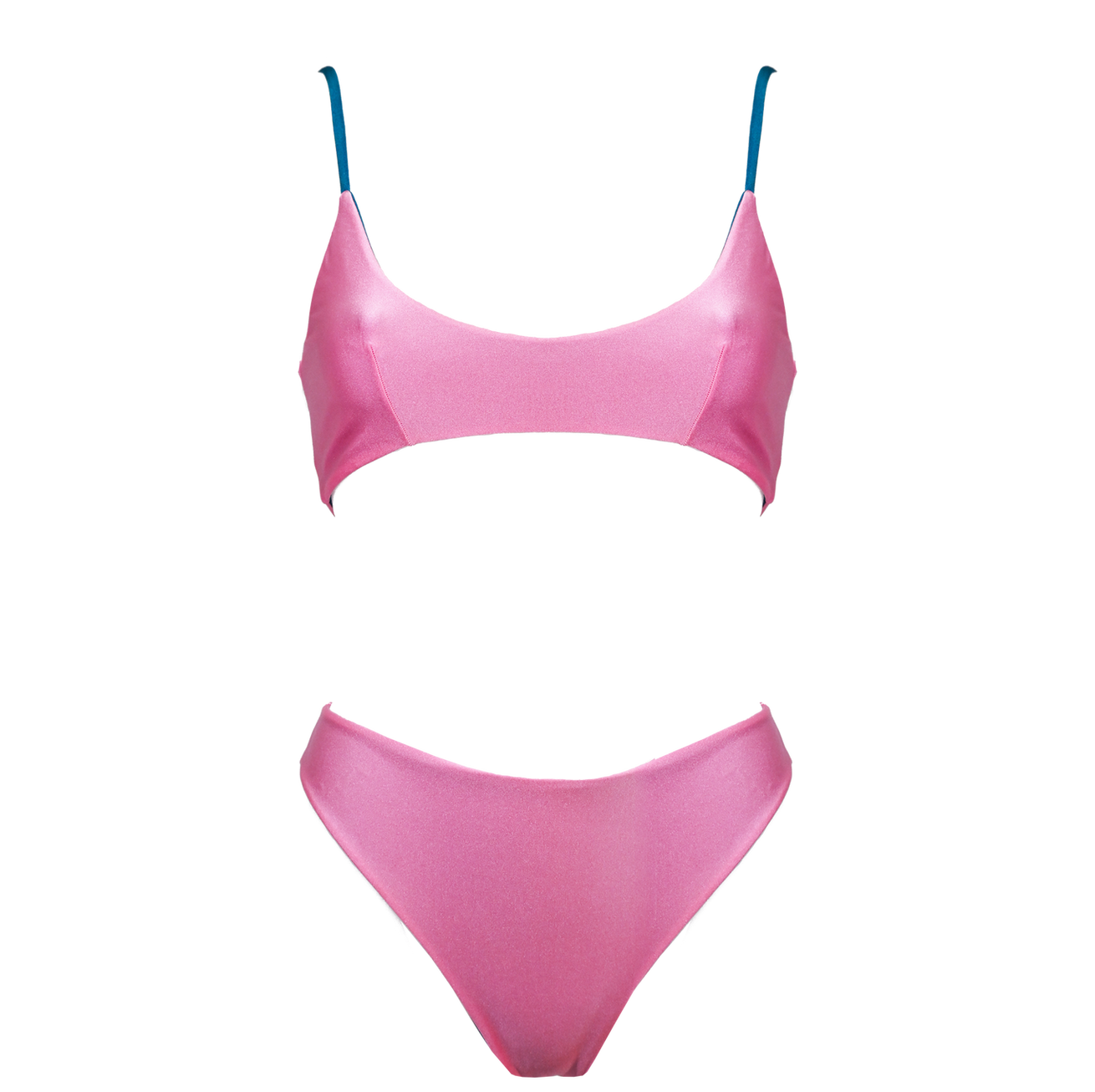 Pink and petrol blue Italian bikini with high-waisted bottom paired with a strappy bandeau top Reversible satin Italian lycra