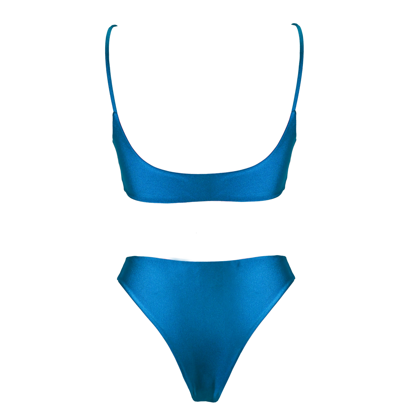 Pink and petrol blue Italian bikini with high-waisted bottom paired with a strappy bandeau top Reversible satin Italian lycra