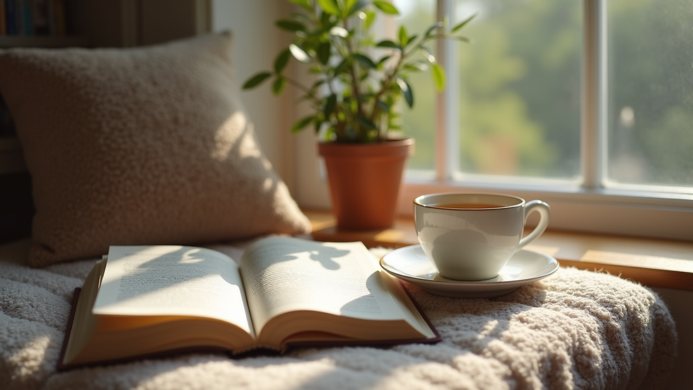 Eye-level view of a cozy reading nook with parenting books and a cup of tea