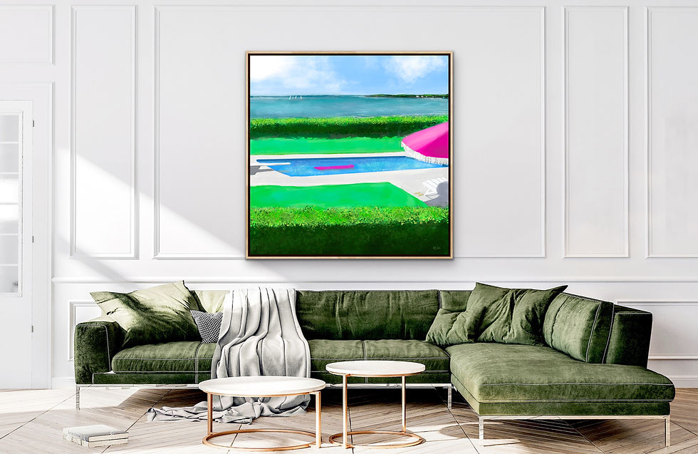 Pink float in modern pool overlooking ocean, contemporary coastal wall art by Ellen Carroll