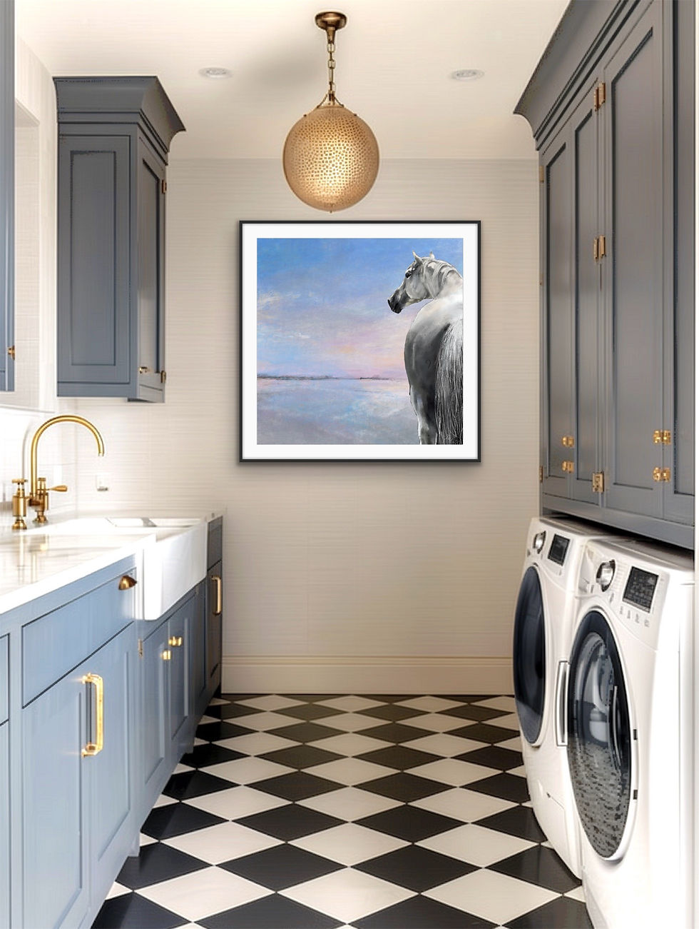 White horse overlooking calm shoreline with pastel sky, equestrian coastal art by Ellen Carroll