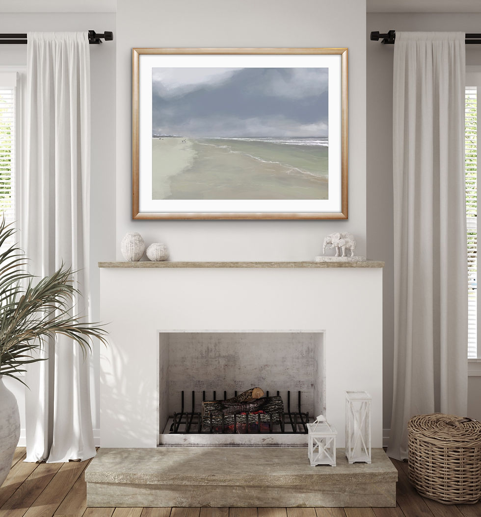 Thumbnail: Seaside in South Hampton , soft relaxing print over fireplace.