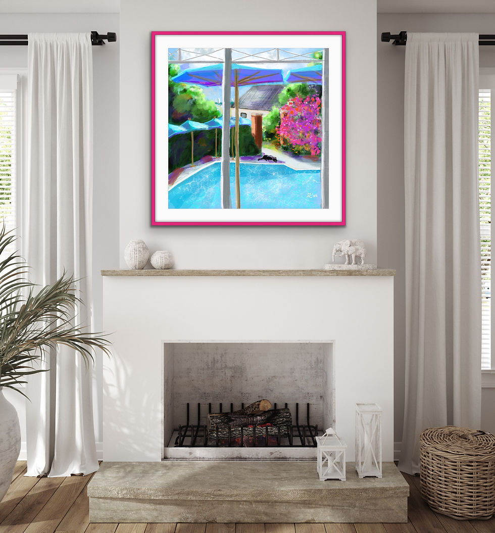 Thumbnail: Swimming Pool art-end of summer relaxation by the pool over the fireplace.