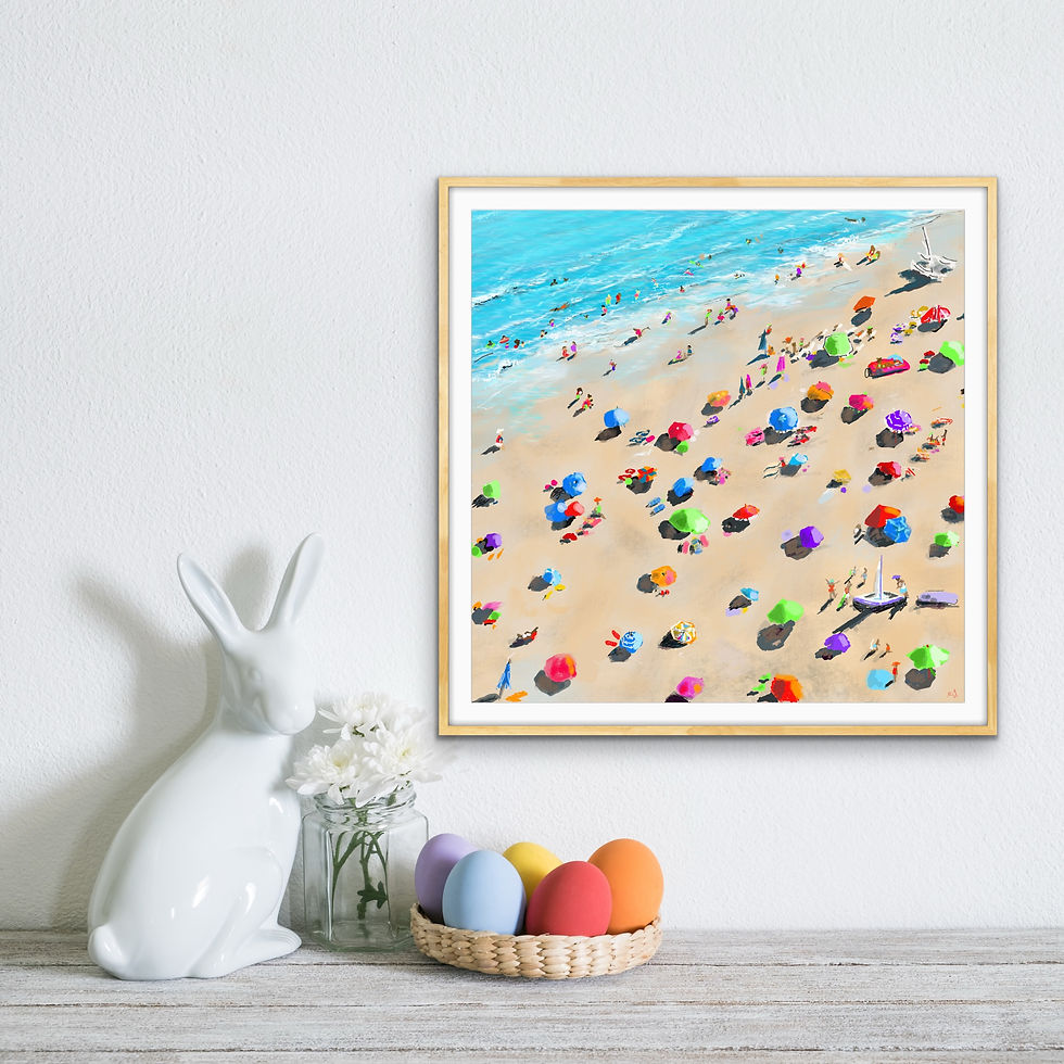 Thumbnail: Close-up of colorful umbrellas scattered across warm sand in aerial beach artwork Summer Baby