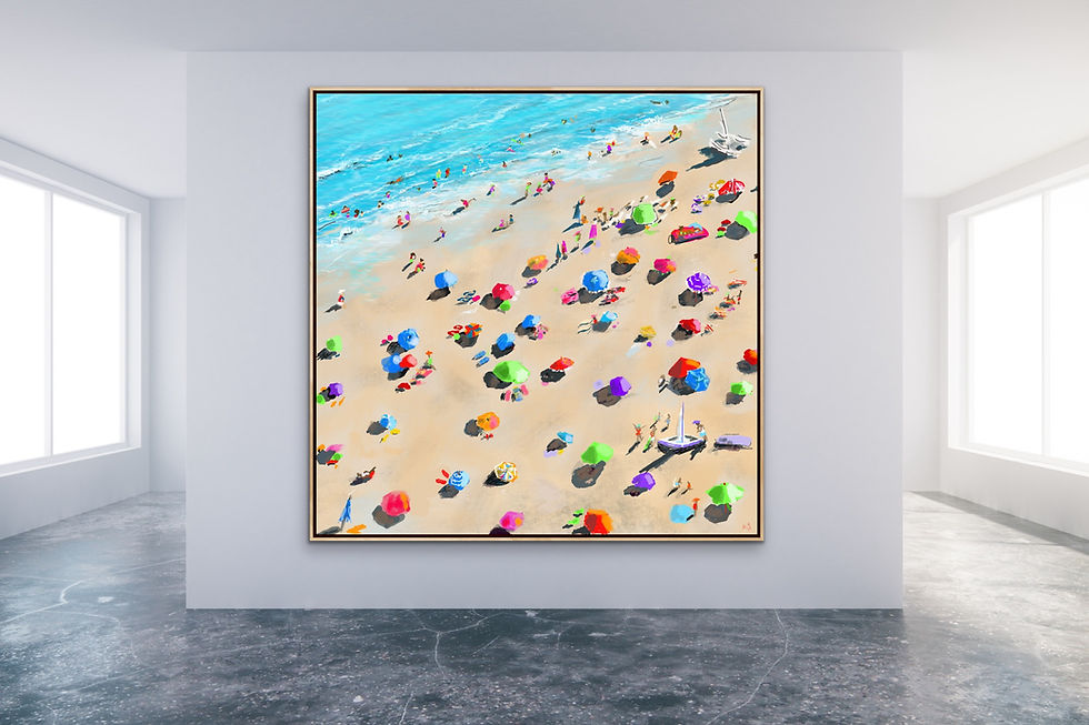 Close-up of colorful beach umbrellas in aerial coastal painting Summer Baby by Ellen Carroll.