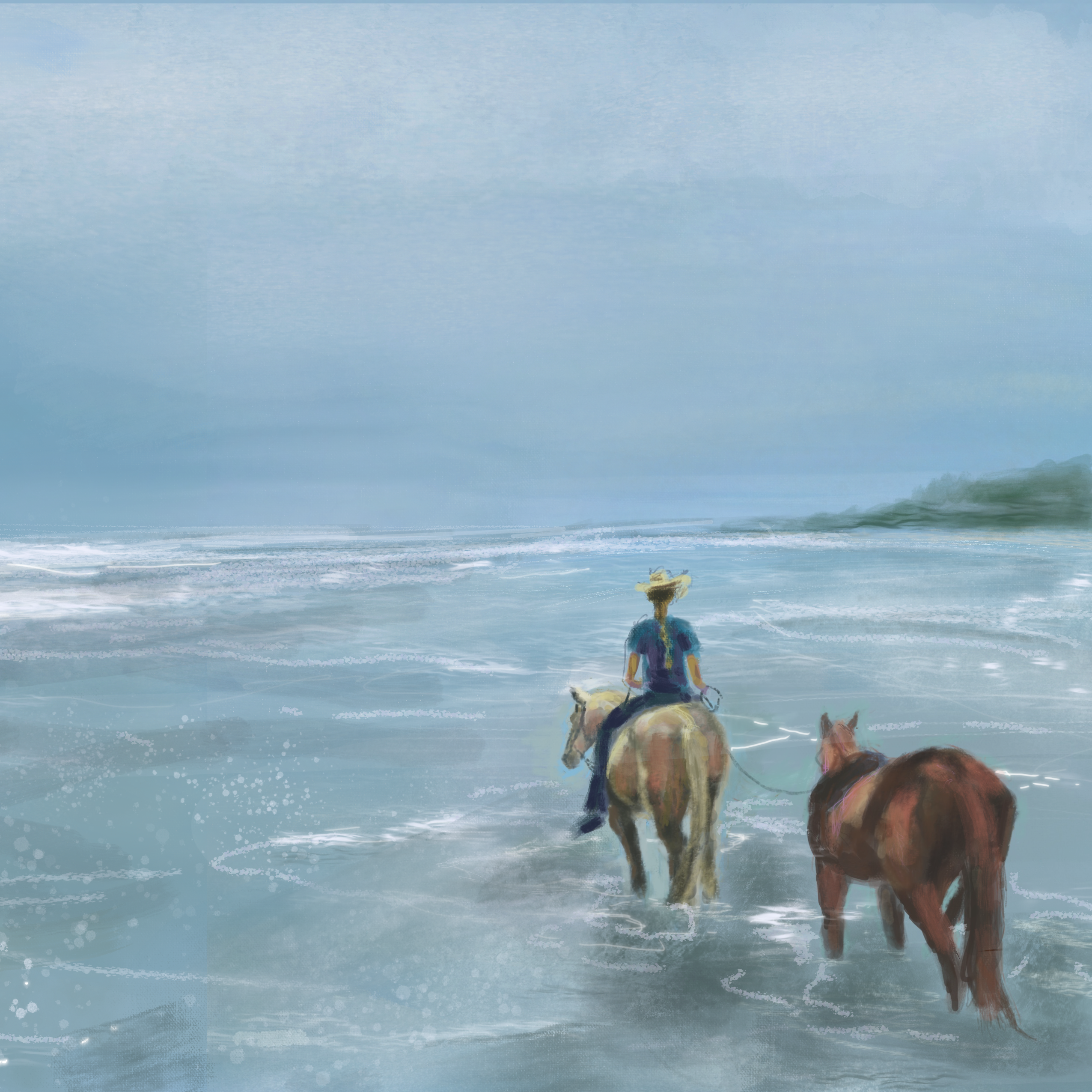 INTO THE TIDE | Coastal Equestrian Painting, Horseback Ocean Art, Beach Horse Wa