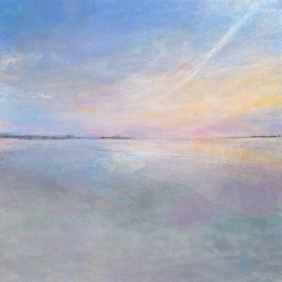 Coastal sunset painting with soft pastel sky and ocean reflection, Southampton Sunset by Ellen Carroll
