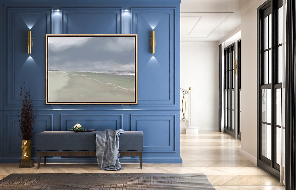 Thumbnail: Seaside in South Hampton , soft relaxing print is sophisticated against dark blue walls.