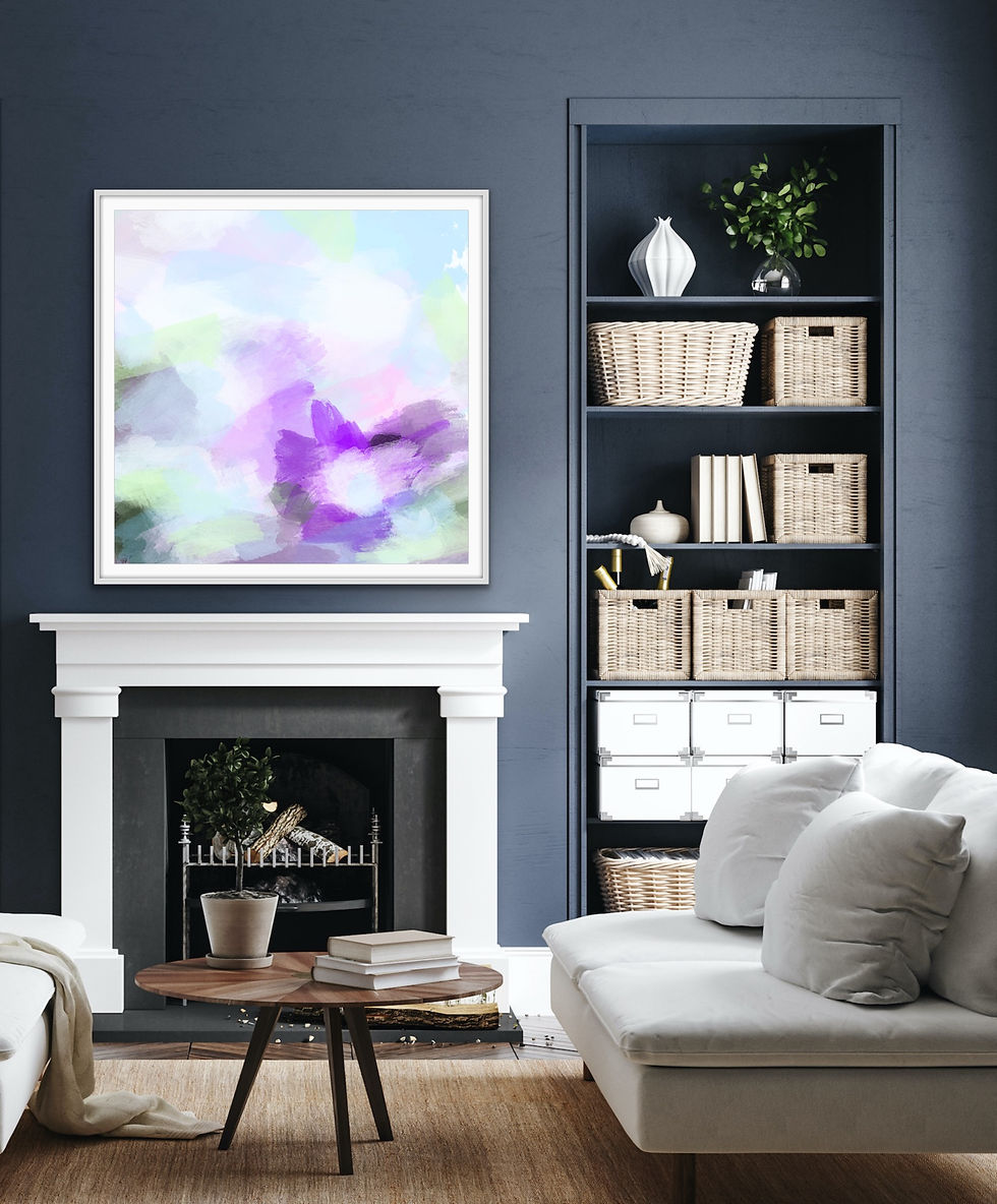 Thumbnail: displayed as a square canvas above a light green chair in a serene contemporary interior.