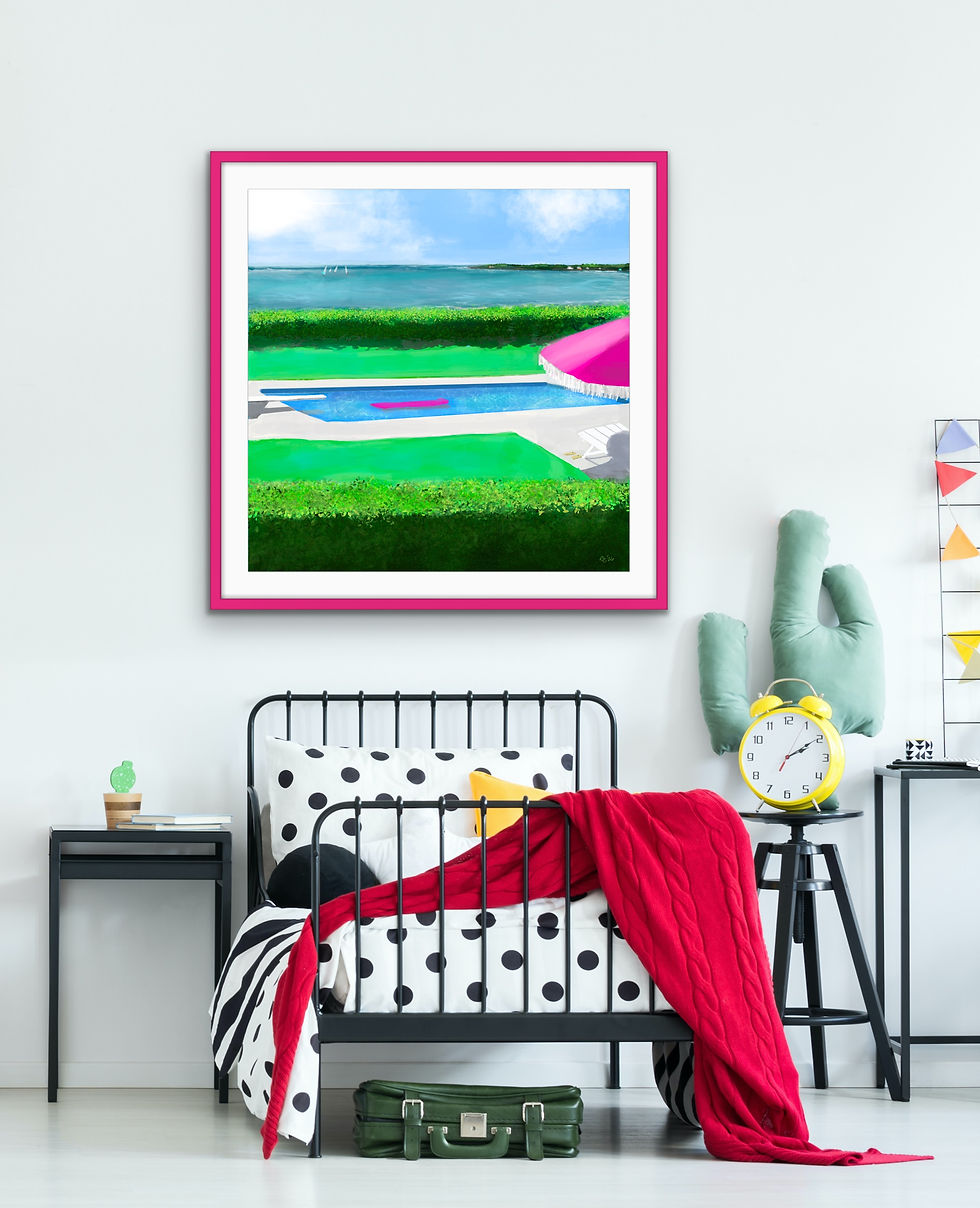 Thumbnail: Modern coastal pool artwork featuring a pink float in blue water with ocean view, Palm Beach style by Ellen Carroll