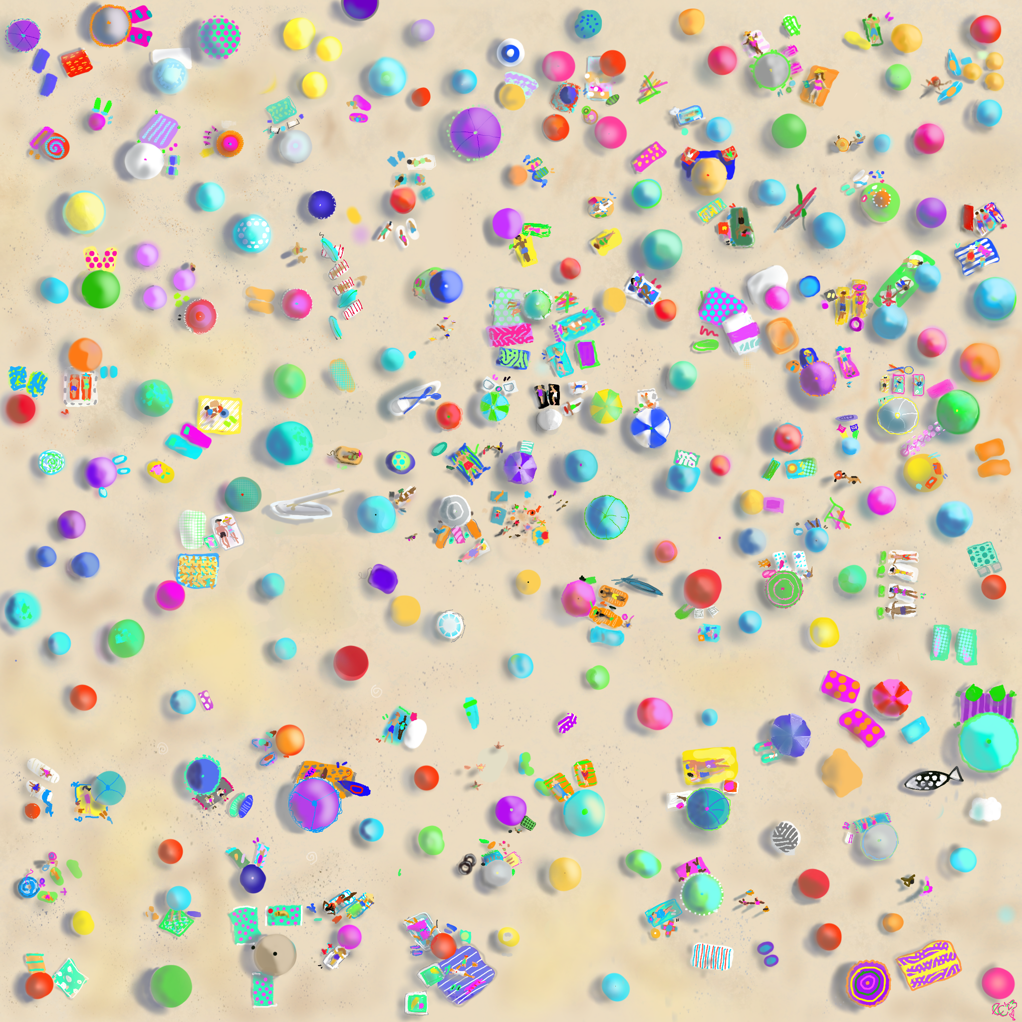 Colorful aerial beach scene with scattered umbrellas and figures on sand, Scattered Summer by Ellen Carroll