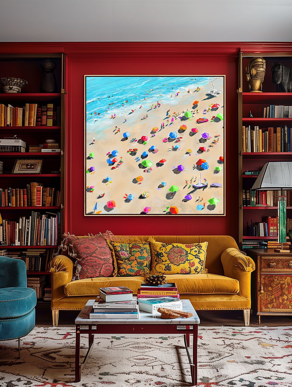 Thumbnail: Top view of beach with multicolored umbrellas and turquoise water, modern coastal art print Summer Baby