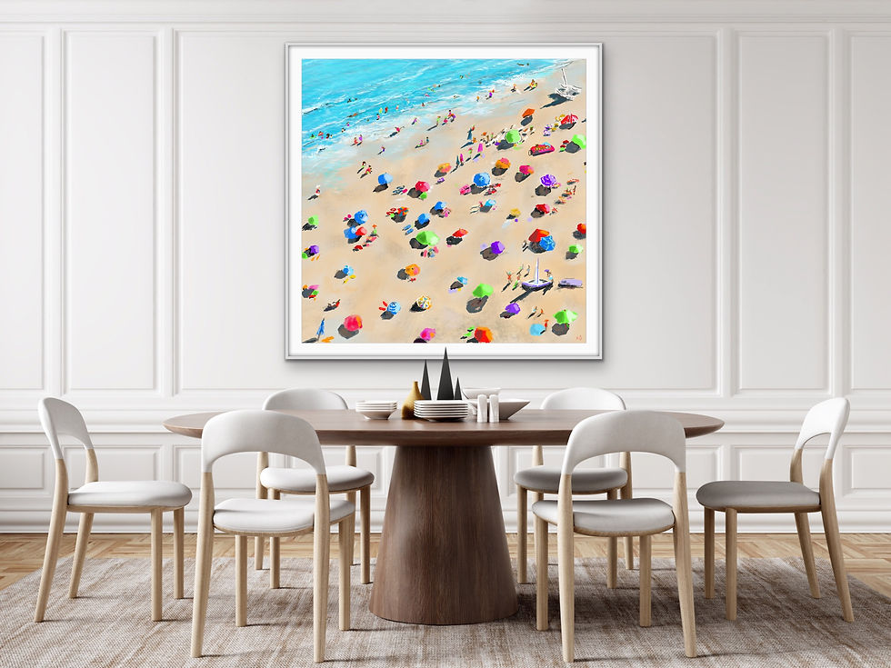 Thumbnail: Framed coastal wall art Summer Baby featuring bright umbrellas and ocean shoreline in a light-filled room