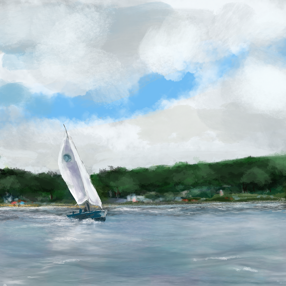 Coastal sailboat painting with white sail and blue sky, Leaning Left artwork by Ellen Carroll