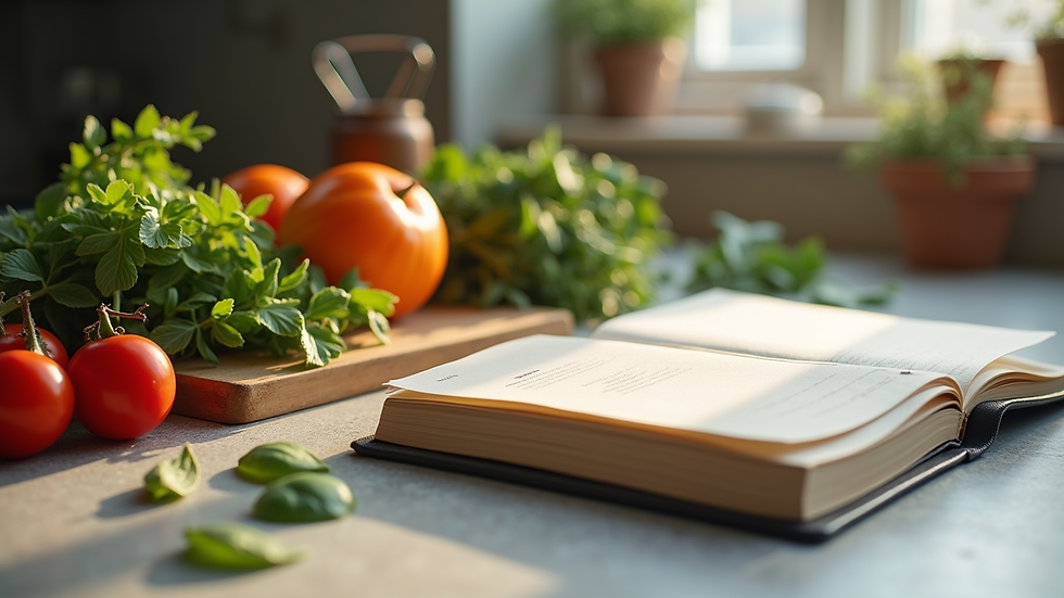 Close-up view of a kitchen counter with healthy meal ingredients and a recipe book