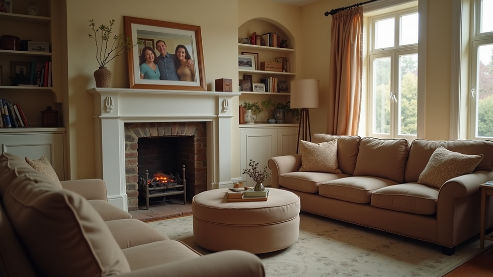 Eye-level view of a cozy living room with a family photo on the mantelpiece