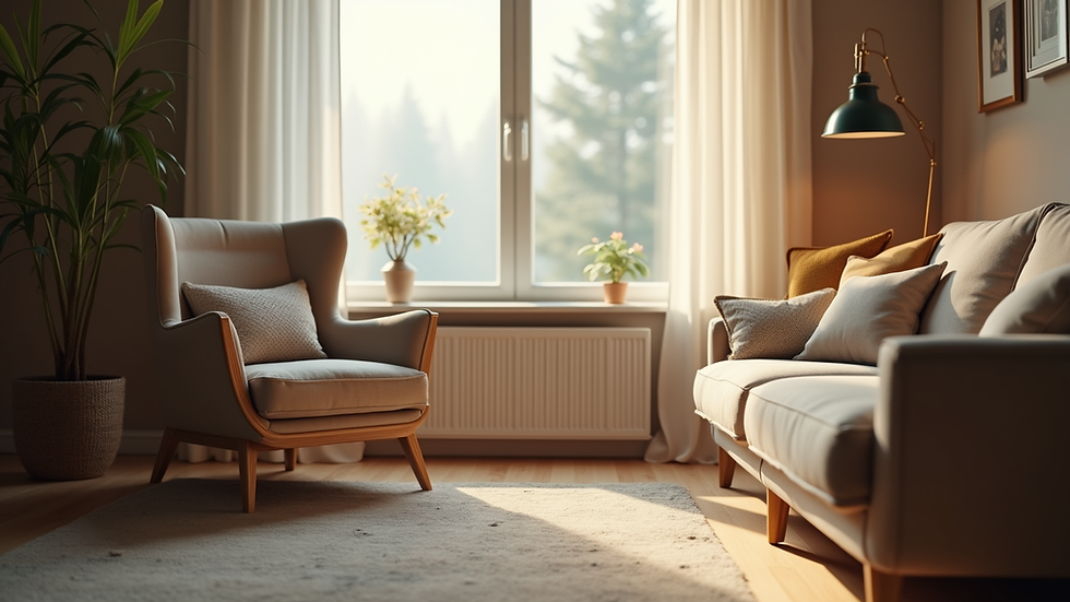 Eye-level view of a cozy living room with a comfortable armchair and soft lighting