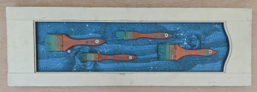 fish art made with recycled materials scrap fence wood frame used paintbrushes resin brushes Ventana Surfboards