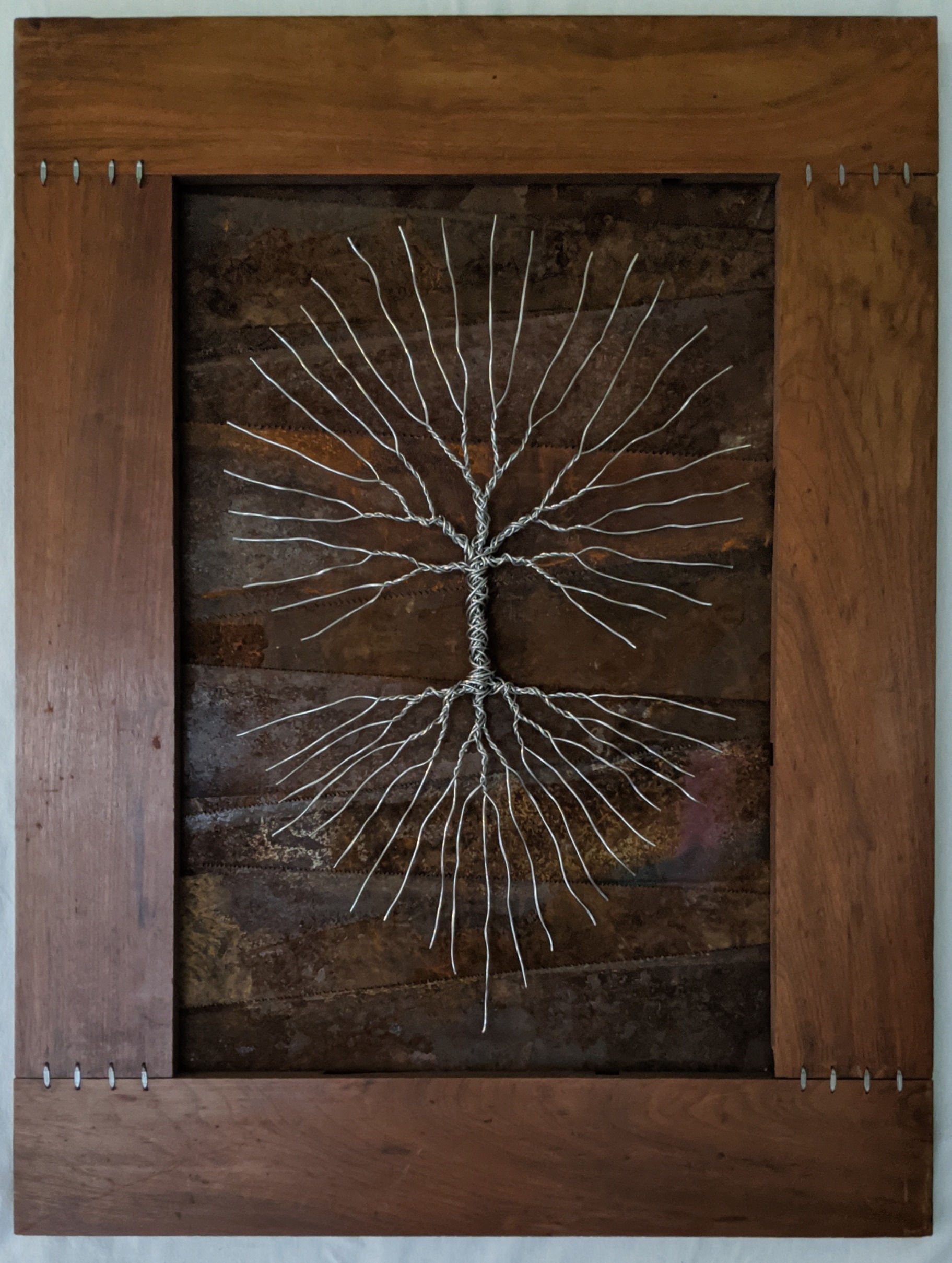 Recycled materials art tree of life saw blades rustic antique aluminum high tension wire