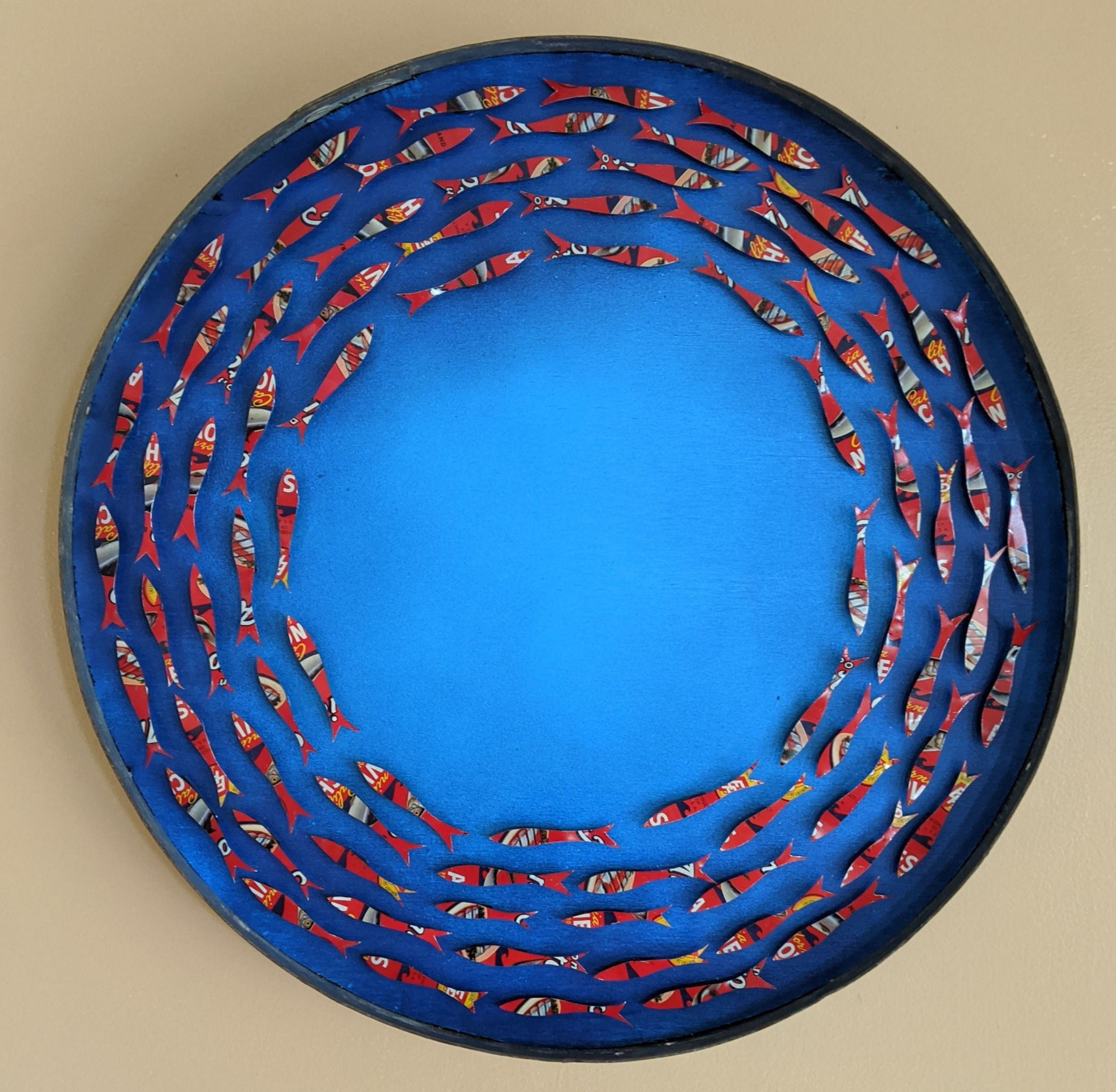 fish art made with recycled materials scrap fence wood frame don antonio anchovy tin vintage round wine barrel hoop frame