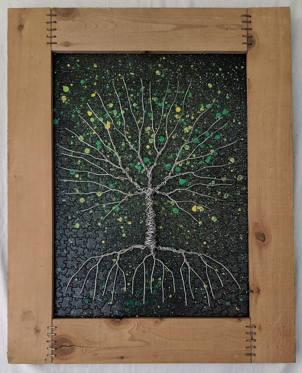 Tree of life recycled art aluminum wire puzzle background scrap wood cedar frame