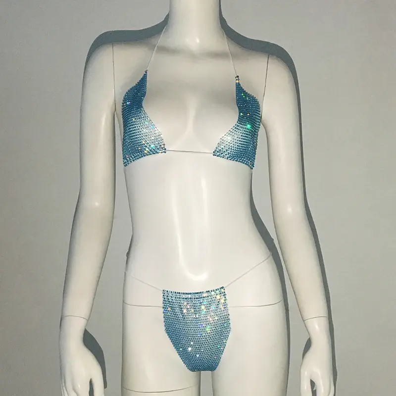 Thumbnail: Fishnet Glitter Rhinestone Bikini Set Women Mesh Beach Sexy Thong Rave Party
