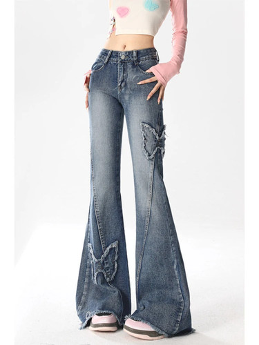 Women's Blue Flare Jeans Baggy Vintag Low Waist Cowboy Pants Denim