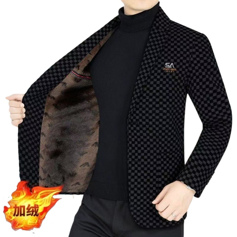 Winter Add Velvet Woolen Suit Jackets Men Thick Warm Wedding Blazers Brand Casua