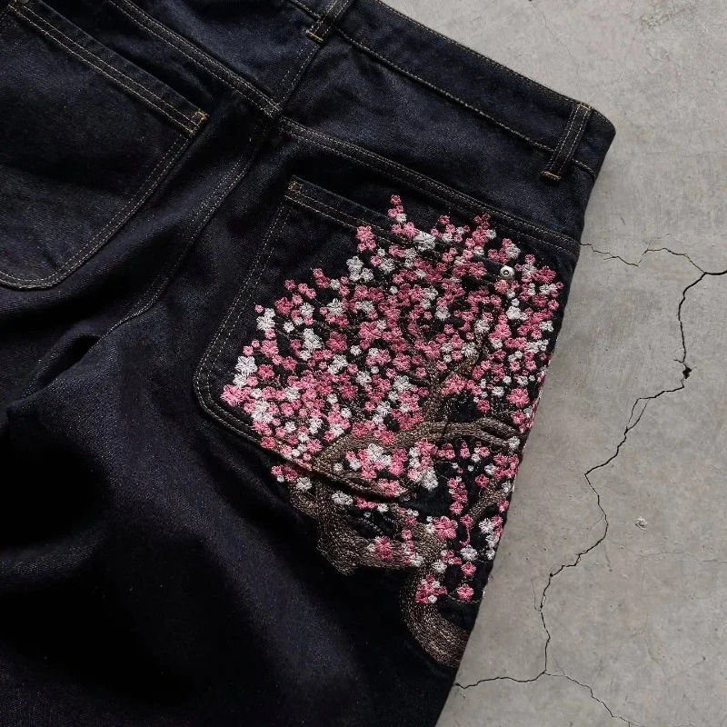 Calça Jeans Baggy Y2K com Bordado de Flor de Cerejeira