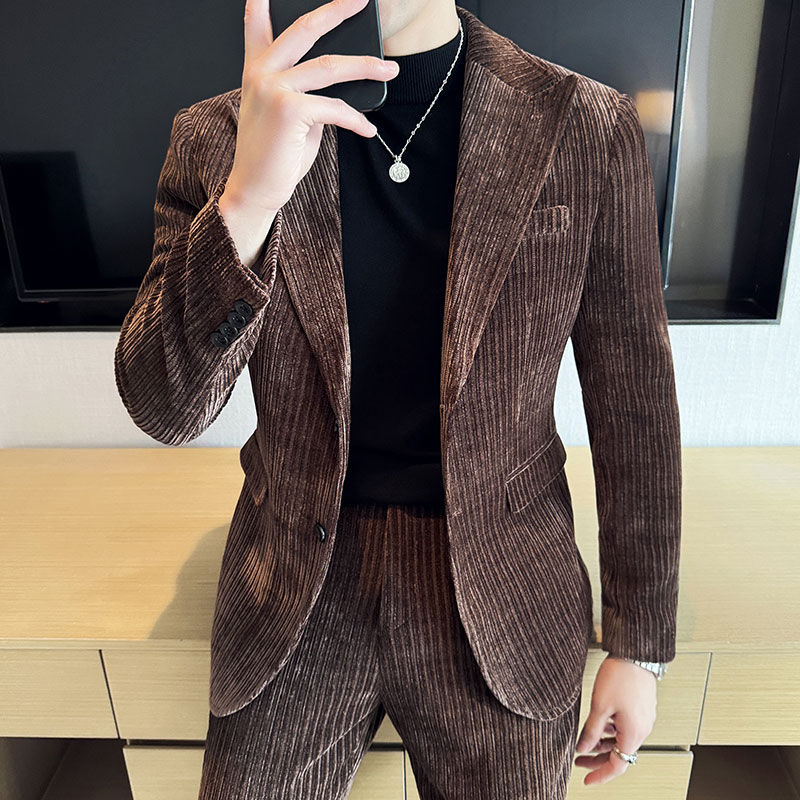 Autumn/Winter Velvet Suit Set Men Slim Fit Wedding Groom 2 Pieces Suits (jacket