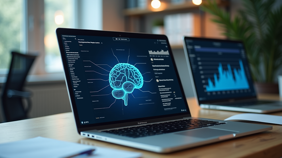 Eye-level view of a modern office desk with a laptop showing AI analytics