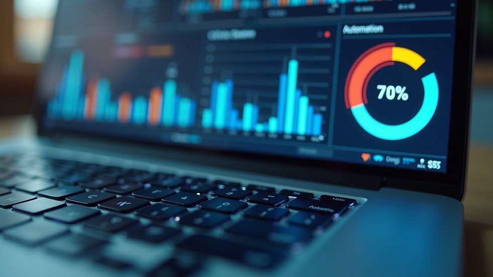 Close-up view of a laptop screen showing AI integration dashboard with charts and automation workflows