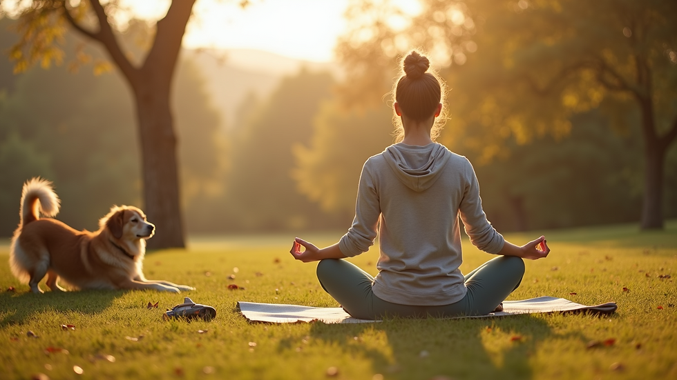 Eye-level view of a person practicing yoga outdoors with a calm dog nearby
