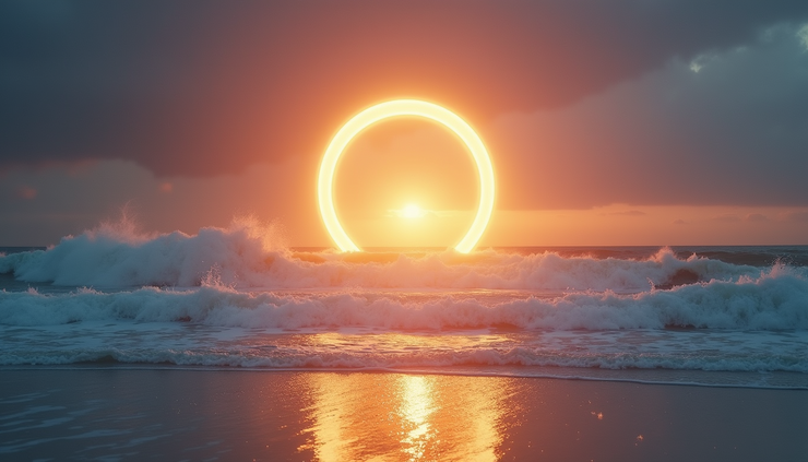 Close-up view of a glowing portal-like structure emerging from ocean waves