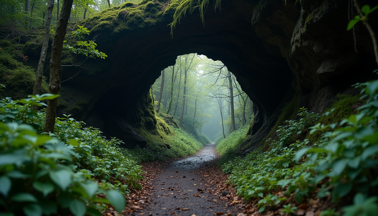 High angle view of a deep cave entrance surrounded by dense forest