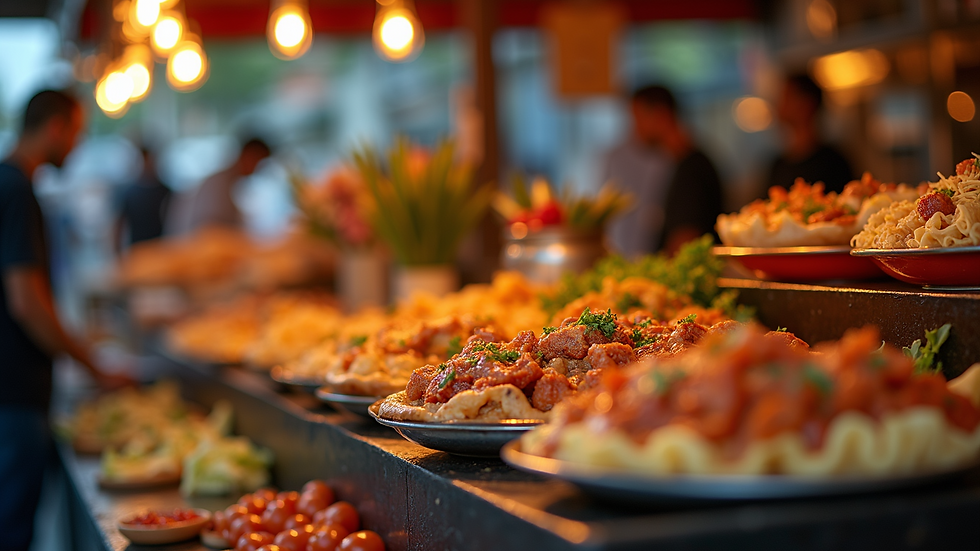 Close-up view of a lively food stand showcasing multicultural cuisines