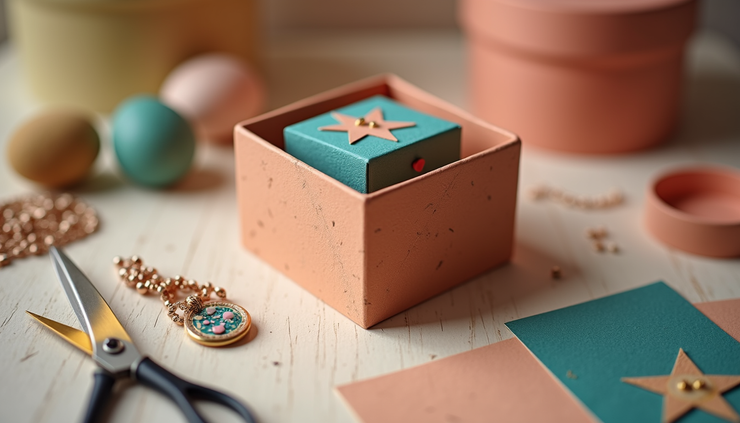 Eye-level view of a decorated square wishing box with a colorful inner box inside