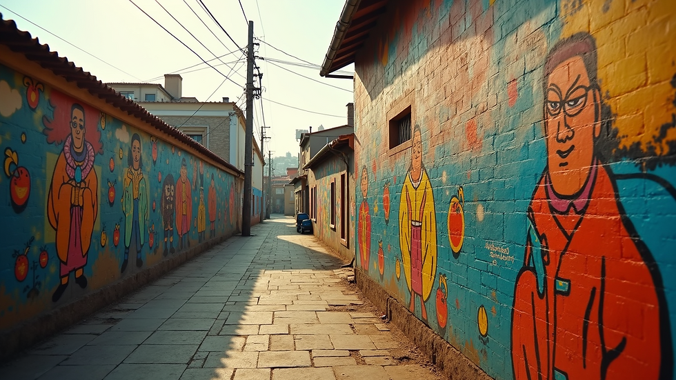 High angle view of a vibrant mural in morning light