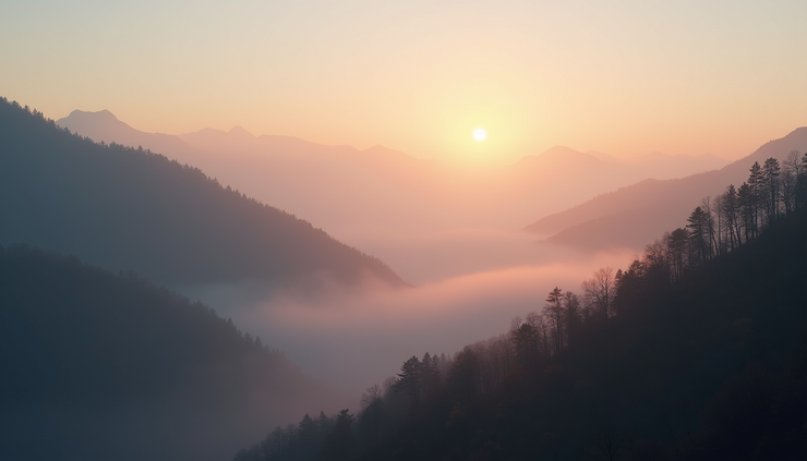 Wide angle view of a remote mountain valley with early morning fog