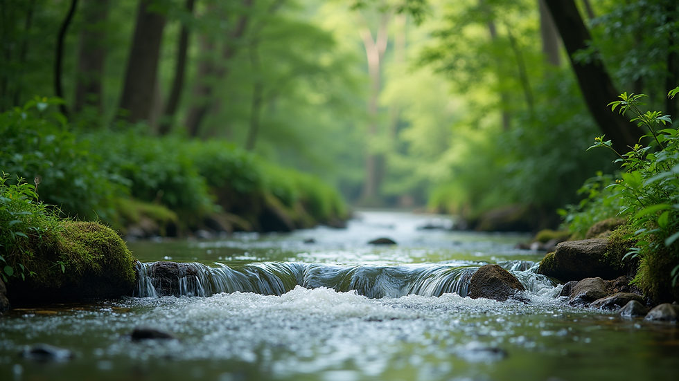 Eye-level view of a peaceful nature scene with a flowing river
