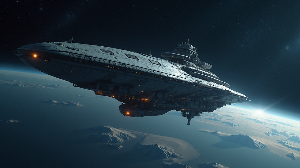 Wide angle view of a colossal spaceship against a starry sky